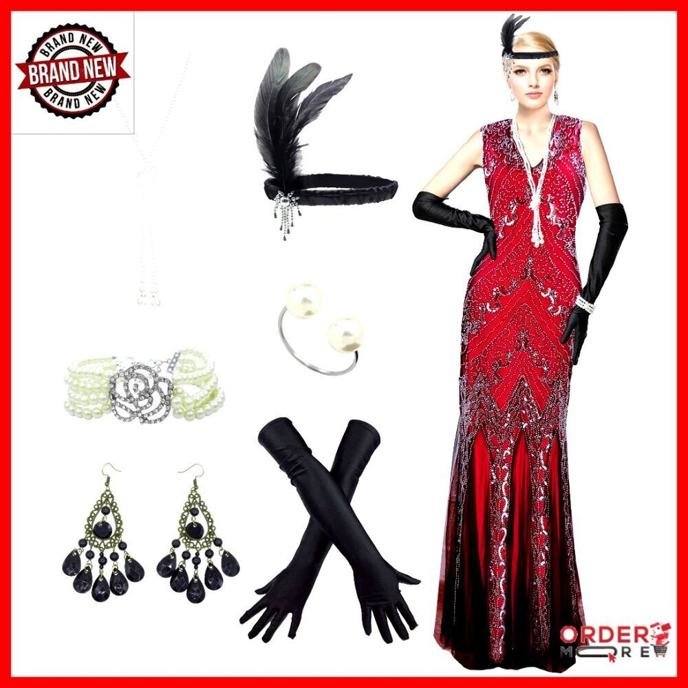 Sequin Gatsby Maxi Evening Prom Dress with 20s Accessories Set